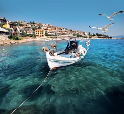 Weisses Fischerboot im klaren Meerwasser vor Küstenort mit fliegenden Möwen