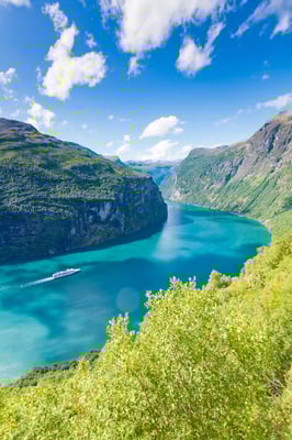 Blick auf den türkisblauen Geirangerfjord mit steilen grünen Bergen und einem Kreuzfahrtschiff auf dem Wasser